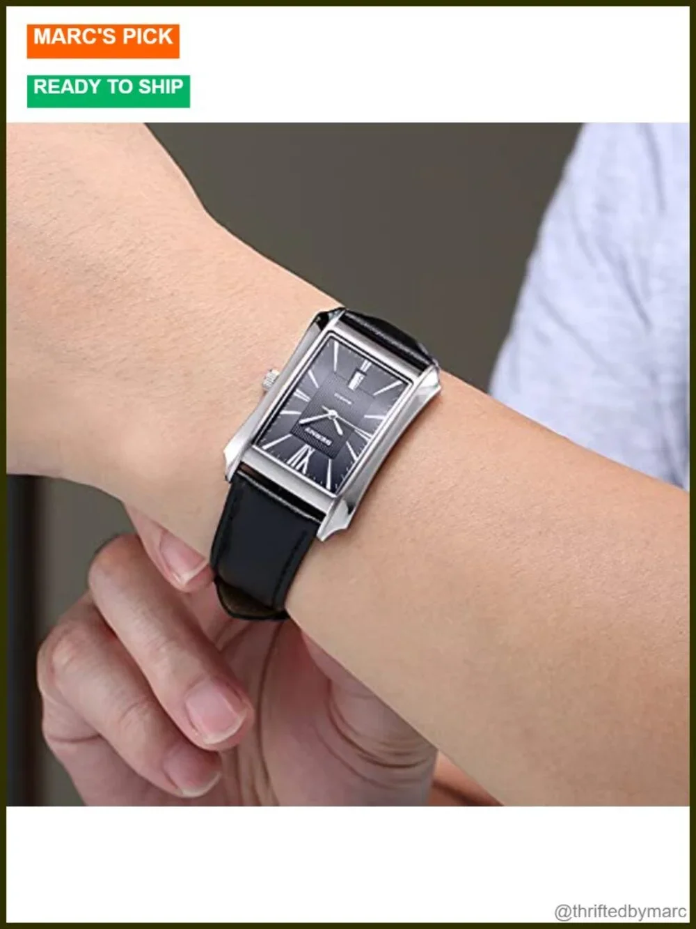 Men's Rectangular Quartz Watch Stainless Steel Leather Strap